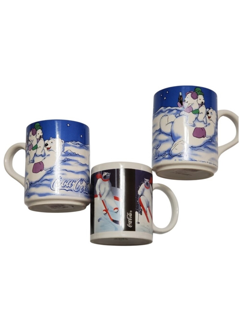 Vintage Coca Cola Holiday Polar Bear Ceramic Mugs  Blue Black & White (Set of 3)